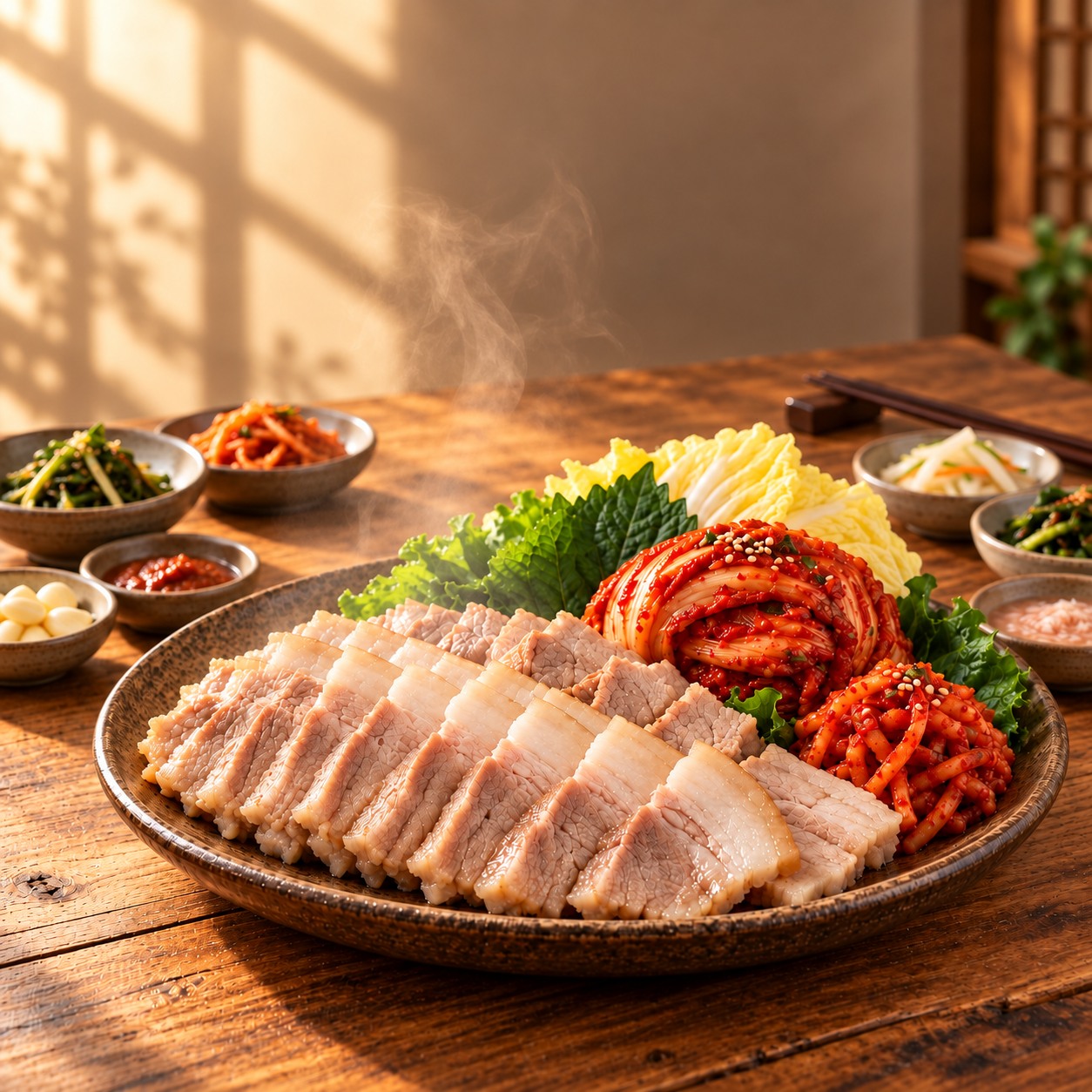 촉촉하게 삶은 보쌈과 보쌈김치의 한 상을 표현한 이미지